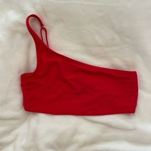 Frankies Bikinis One Shoulder Red Ribbed Swim Top